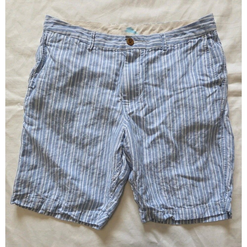 Tommy Bahama Shorts Men 34 Blue White Striped Linen Blend 9" Inseam Beach Chino